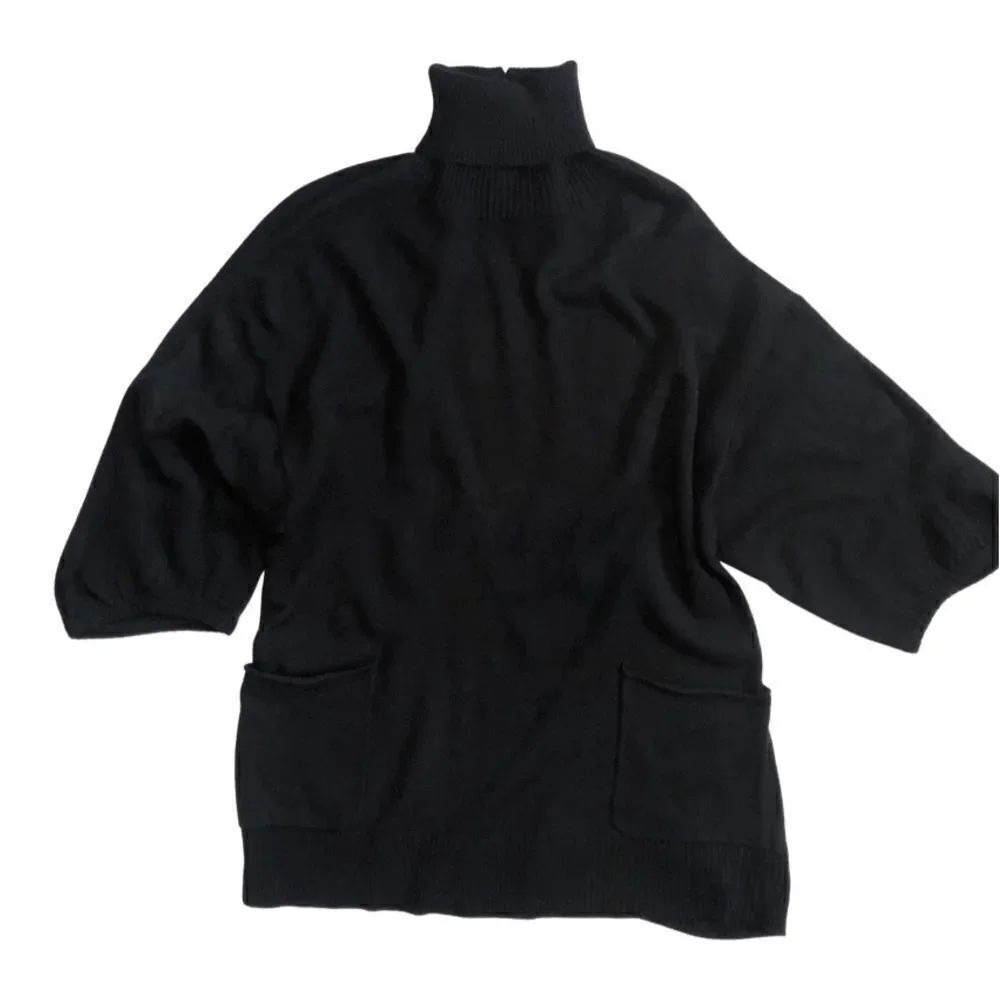 Smitten Open Back Black Button Turtleneck Short Sleeve Sweater Large